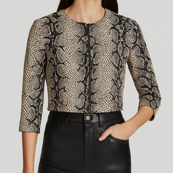 SUSAN BENDER Calf Hair Leather And Silk Python Snakeskin Print Crop Moto Jacket - Picture 1 of 16